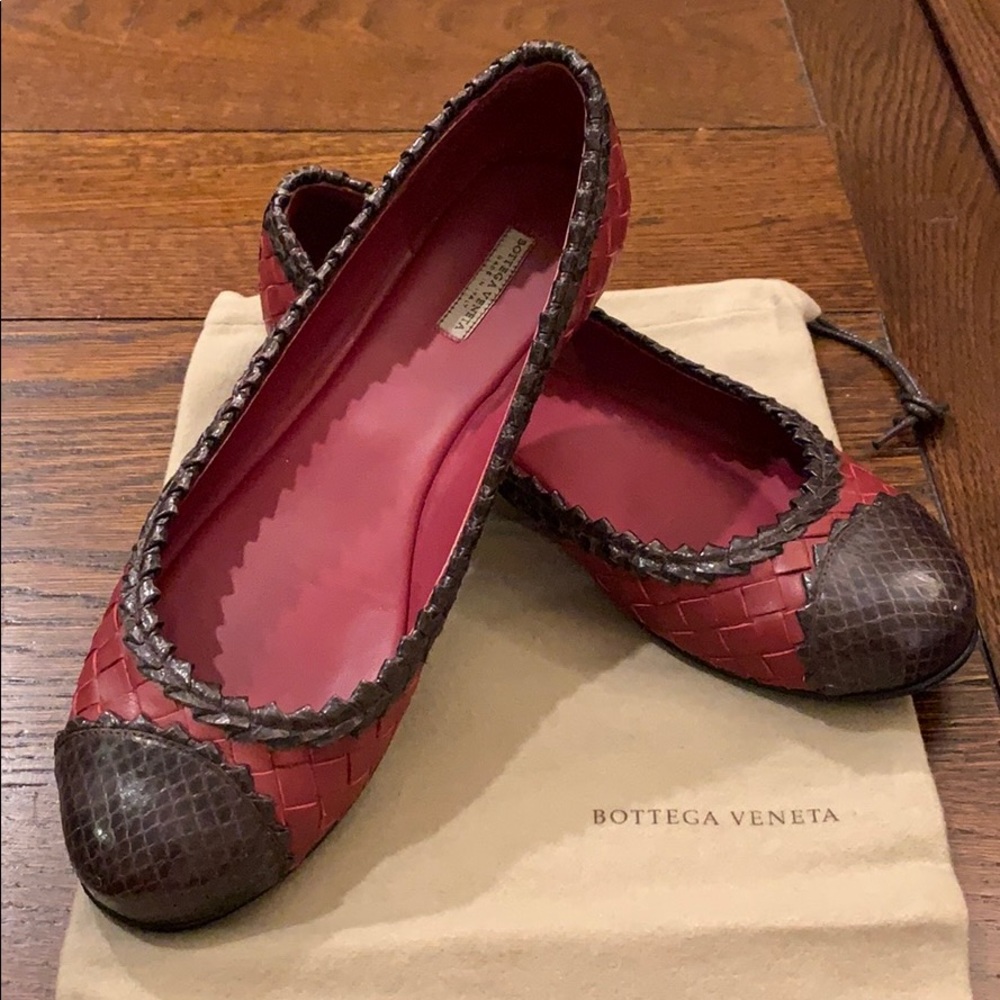 Bottega Veneta Snakeskin Trim Intrecciato Flats - Picture 1 of 11